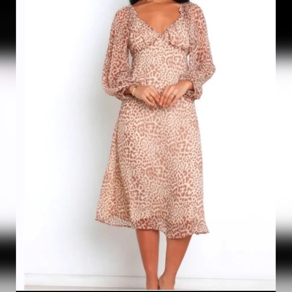 Petal + Pup Babydoll Cheetah Print Long Sheer Sleeve Midi Dress 6 Lined
